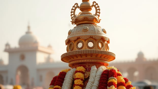 Ornate Golden Structure Adorned with Floral Garlands photo