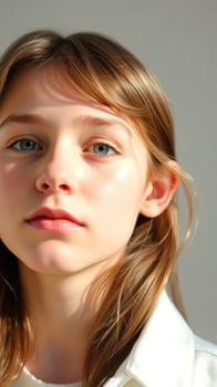Close-up portrait of a young woman with blonde hair and blue eyes photo