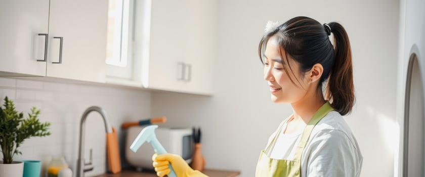Woman Cleaning Kitchen Sink with Yellow Gloves and Cleaning Tool photo
