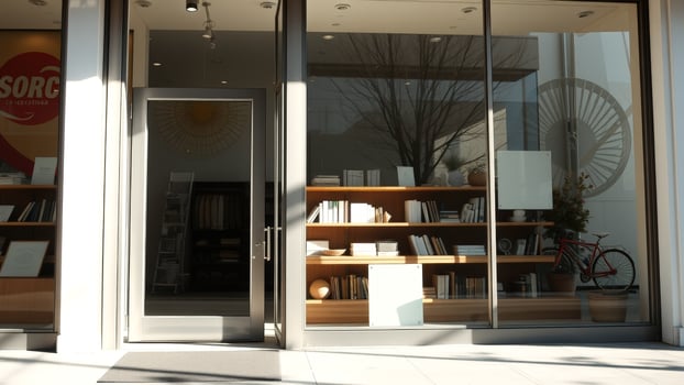 Modern storefront with large glass windows and a door photo