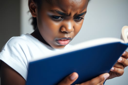 Close up of a young African American girl reading a book photo