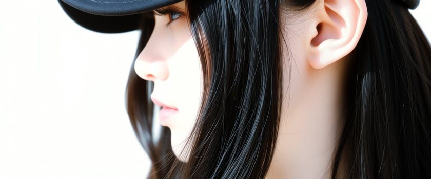 Close-up of a woman's profile with a black baseball cap photo