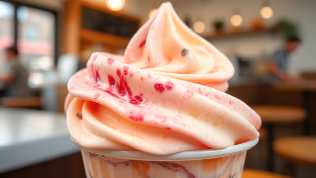Closeup of Swirled Ice Cream with Red and Yellow Swirls in a White Cup photo