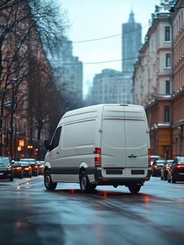 White delivery van driving on wet road at dusk photo