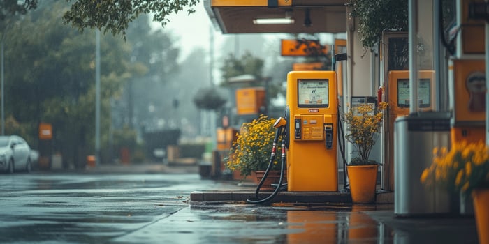 Empty gas station with yellow pumps on a rainy day in the city photo