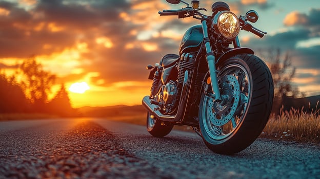 Black motorcycle parked on country road at sunset photo