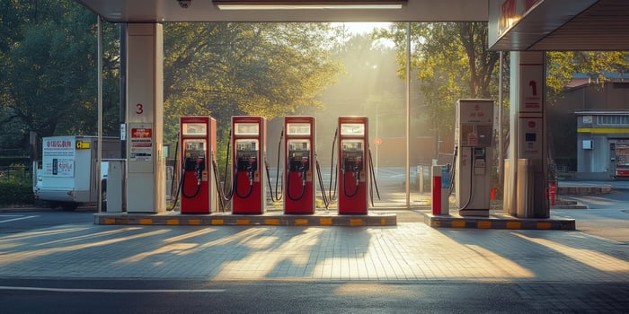 Empty gas station with red and white fuel dispensers at sunrise photo