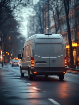 White delivery van driving on wet road at dusk photo