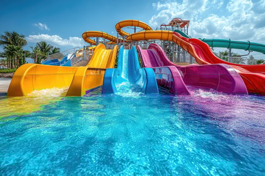 Colorful water slides pouring into a blue swimming pool on a sunny day photo
