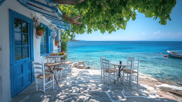 Traditional greek restaurant with blue doors and chairs overlooking the aegean sea photo