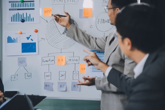 Group of confident business people point to graphs and charts to analyze market data, balance sheet, account, net profit to plan new sales strategies to increase production capacity. photo