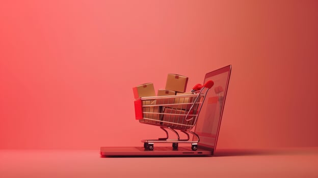 Creative Concept of Online Shopping with Shopping Cart on Laptop and Red Background photo