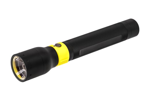 modern black metal flashlight isolated on white photo