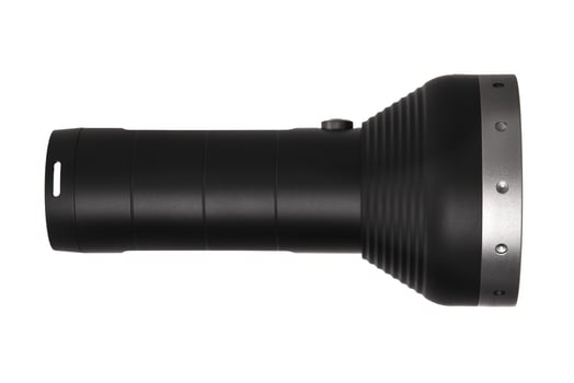modern black metal flashlight isolated on white photo