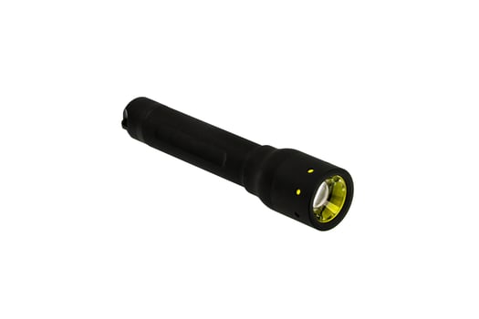 modern black metal flashlight isolated on white photo