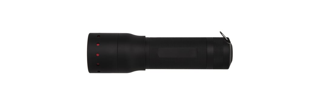 modern black metal flashlight isolated on white photo