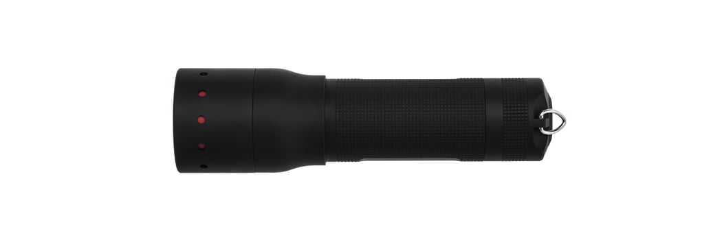 modern black metal flashlight isolated on white photo
