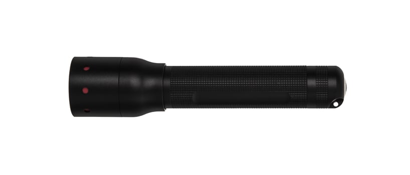 modern black metal flashlight isolated on white photo