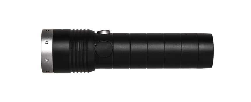 modern black metal flashlight isolated on white photo