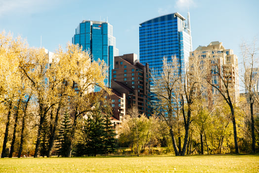 Modern Downtown view taken from near by park. calgary, Canada - october, 2019. photo