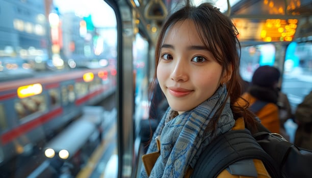 Young Asian woman on public transportation in a modern city. photo