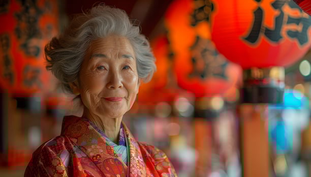 Portrait of a Japanese elderly woman wearing traditional kimono photo
