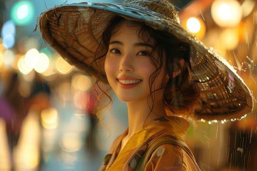 Smiling young woman wearing a traditional Asian conical hat in a city night market. photo