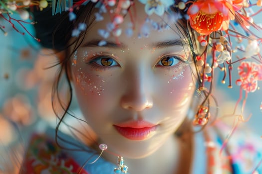 Close up portrait of a young woman with flowers in her hair, Asian beauty, natural makeup photo