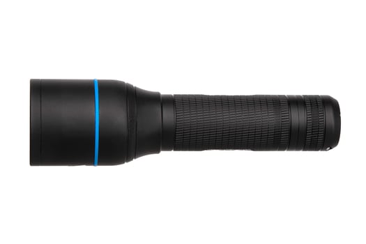 modern black metal flashlight isolated on white photo