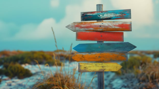 Colorful wooden signpost against blue sky. Perfect for travel, choices, adventure photo