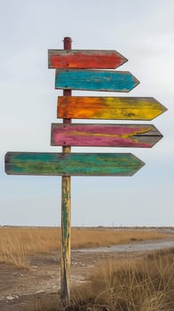 Colorful wooden signpost against blue sky. Perfect for travel, choices, adventure photo