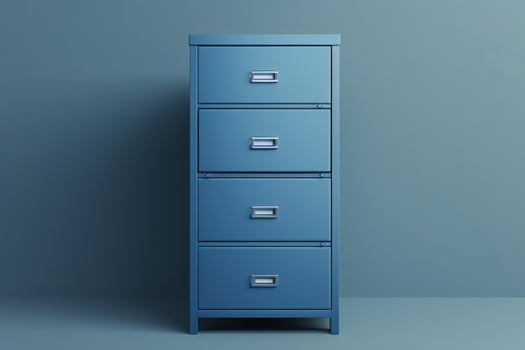 A sleek blue four-drawer filing cabinet against a minimalist blue wall photo