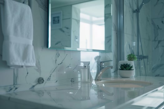 Modern bathroom with marble countertop and contemporary fixtures in natural light photo