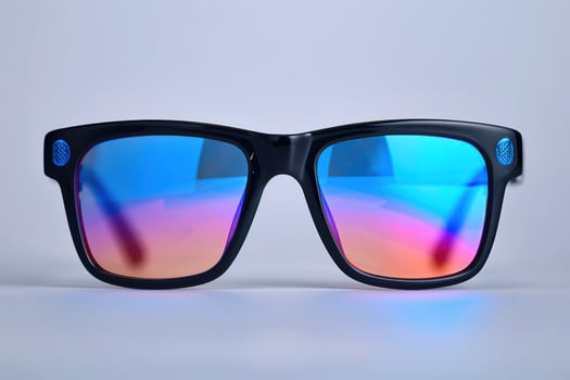 Stylish sunglasses with blue and pink reflective lenses against a light background photo