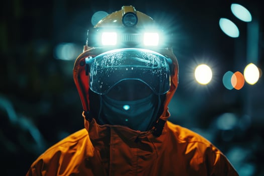 Person in orange safety gear wearing a headlamp and face shield against a dark backdrop at an industrial site at night photo