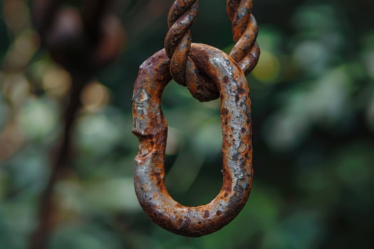 Rusty metal link hanging from a twisted chain against a blurred green background in an outdoor setting photo