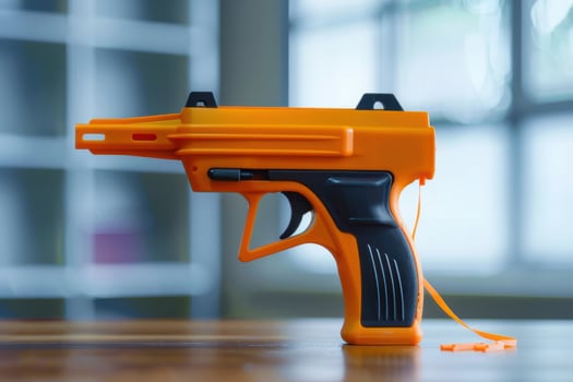 Bright orange plastic toy gun on a wooden table with soft lighting indoors photo
