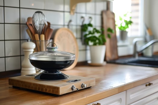 Modern kitchen setup with a stylish cooking pot on a wooden countertop illuminated by natural light during the day photo