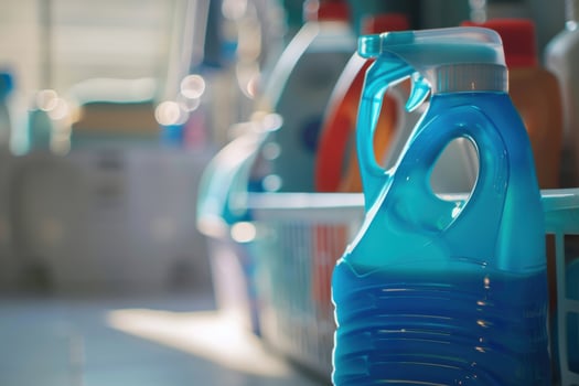 A close-up of a blue cleaning bottle next to various household cleaning supplies during late afternoon light photo