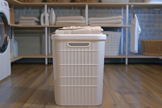 Neatly stacked towels atop a laundry basket in a bright laundry room with wooden floors and organized shelving photo