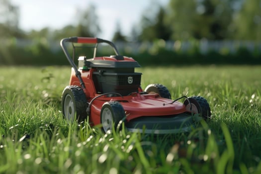 A bright red lawn mower parked on lush green grass in a sunny backyard photo