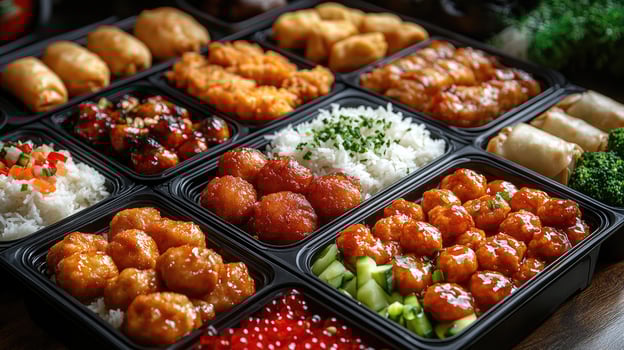 Catering concept presenting varied asian food in take away boxes photo