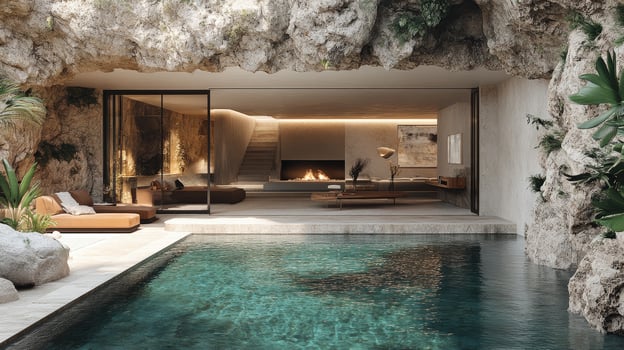 Modern minimalist bathroom with large windows overlooking a lush garden photo