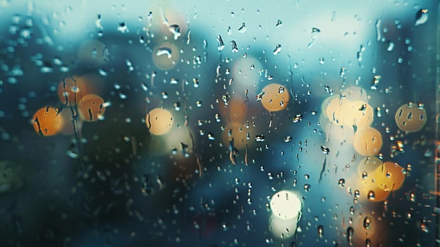 Raindrops on Glass with Blurred City Lights at Night photo