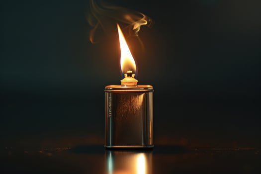 A classic metal lighter emits a bright flame surrounded by wisps of smoke in a dimly lit setting photo