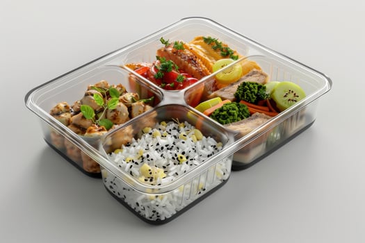 Four-section food tray with grilled chicken, vegetables, and rice on a light background photo