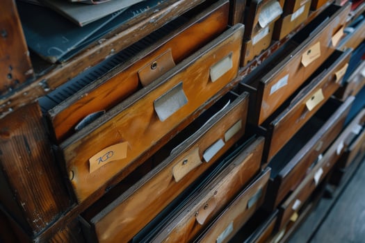 Wooden storage drawers filled with organized files in an old office setting photo