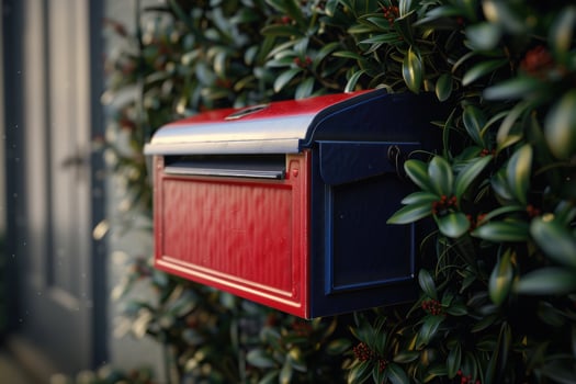 Red and blue mailbox attached to a green shrub by a residential home in the late afternoon light photo