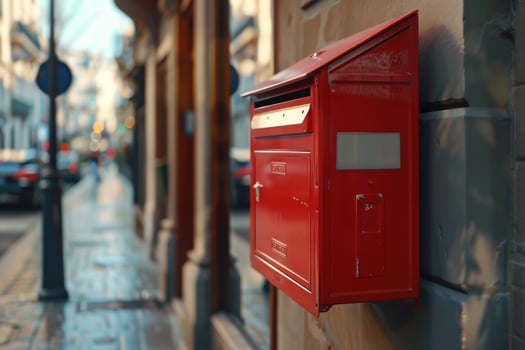 A red mailbox stands on the sidewalk of a bustling city street in the afternoon sunlight photo