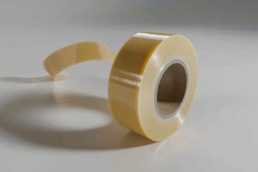 Roll of transparent tape on a flat surface with a portion unspooled photo